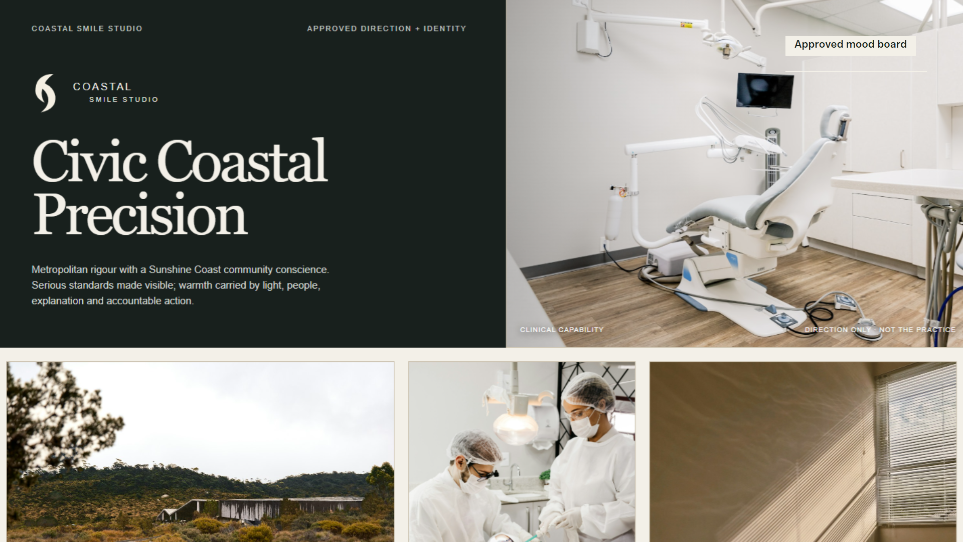 Coastal Smile Studio moodboard combining dark green, warm ivory, editorial typography, clinical imagery and soft natural light.